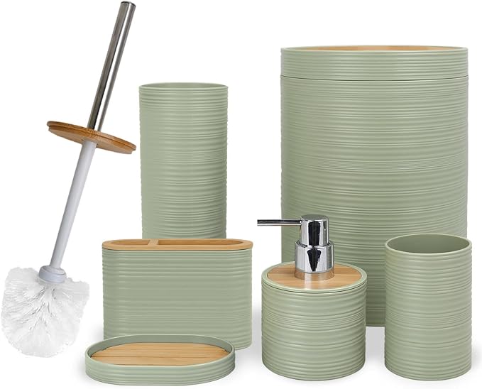 CERBIOR Bamboo Bathroom Accessories Set 6 Piece Spiral Bath Ensemble,Green | Includes Soap Dispenser, Toothbrush Holder, Toothbrush Cup, Soap Dish for Decorative Countertop and Housewarming Gift