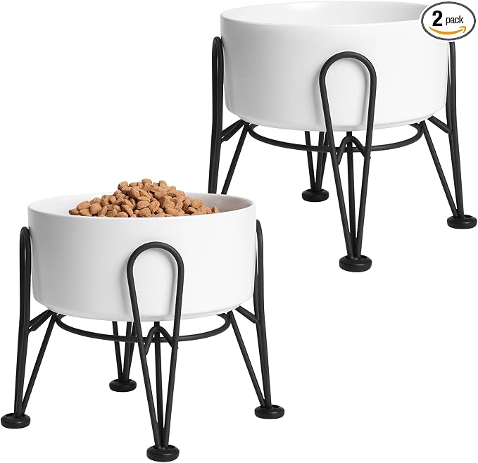 Elevated Dog Bowls, Ceramic Raised Dog Bowl Set with Anti-Slip and Non-Tip Metal Stand, 2 Pack Pet Food and Water Feeding Bowls for Small and Medium Dogs (White,3.6 Cups)
