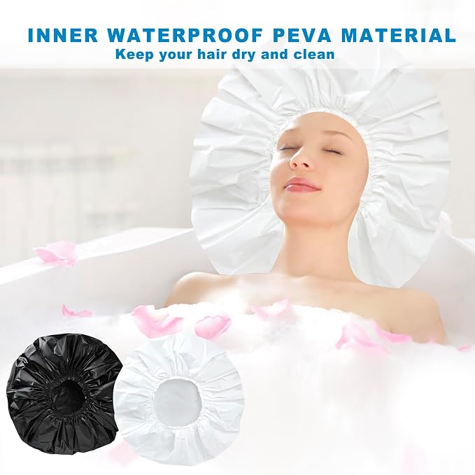 Super Jumbo Shower Cap for Women, 2 PCS Waterproof Hair Caps for Locs | Extra Large, Double Side Reusable PEVA Bath Cap, Washable, Holds Long Thick Twist Braid - Black + White