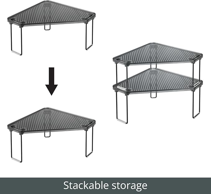 mDesign Plastic/Steel Corner Stackable Rack, Storage Organizer Shelf for Bathroom, Vanity, Countertop, Sink, Cabinet, Holds Makeup, Shower Accessories, Ligne Collection - 2 Pack - Black/Smoke Gray