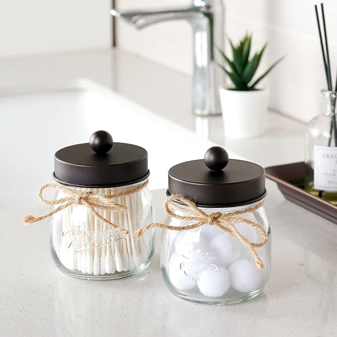 SheeChung 2 Pack Small Mason Jars Qtip Holders, Bathroom Shelf Decor, Guest Bathroom Decor for Cotton Balls, Floss Pick, Cotton Round Pads - Bronze