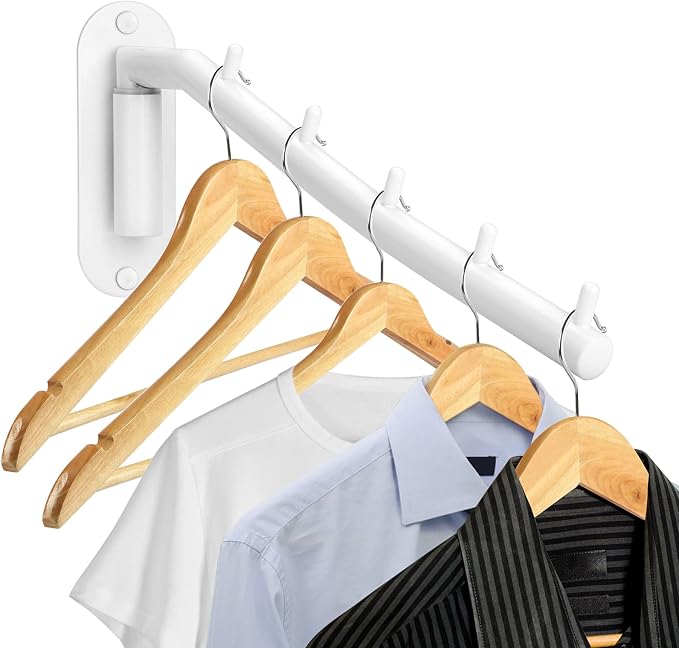Sumnacon Stainless Steel Clothes Hanger Rack-Wall Mount Clothing Rack with Swing Arm, Sturdy Clothing Hanger Rack for Laundry Room Bedrooms Clothing Drying Rack with 5 Hooks, White