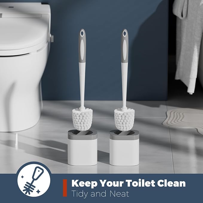 Holaloha Toilet Brush and Holder Set, Space Saving, 2 Pack, White | Bathroom Accessories, Ergonomic Silicone Handle, Dense Bristles, Deep Cleaning, Scrubber, Compact Design