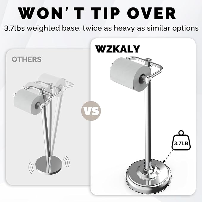 Toilet Paper Holder Stand Stainless Steel & Weighted Base Chrome | Polish Finish Post Pivoting Design Easy to Change Roll, Mega Roll Freestanding Toilet Paper Holder for Bathroom Waterproof