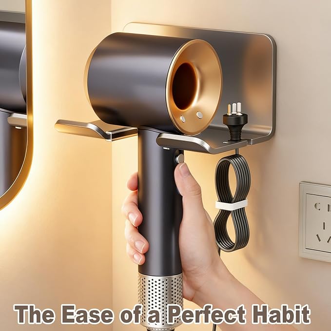 Aluminum Hair Dryer Holder Wall Mount,Self-Adhesive Blow Dryer Hanger with Cord Organizer & Anti-Scratch Strip, No Drilling for Bathroom Cabinet Door Vanity, Universal Fit for All Hair Dryers