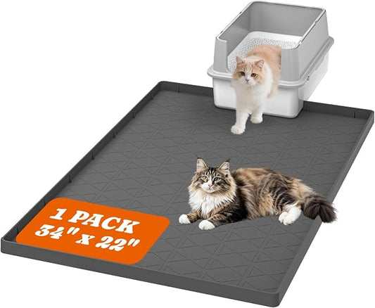 Pawtners Silicone Cat Litter Mat 34 x 22 in, Easy to Clean, Gray, 1 Pack | Non-Slip Kitty Litter Mat for Floor, Waterproof & Urine-Proof Cat Litter Mat Litter Trapping Mat, Soft on Kitty Paws