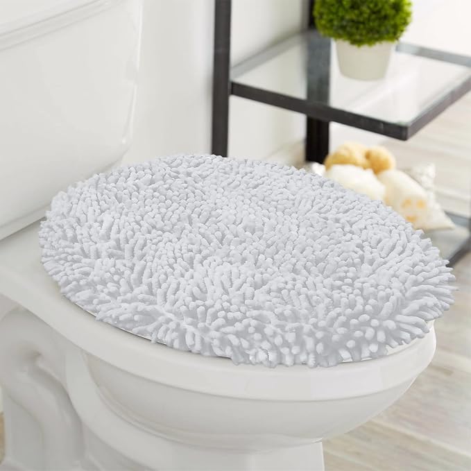 LuxUrux Toilet Lid Cover with Stretch Fit Elastic Band – Chenille Microfiber Toilet Seat Non-Slip Cover for Bathroom – Soft Plush, Machine Wash And Dry, Comfort & Clean Look (18 x 18'', White)