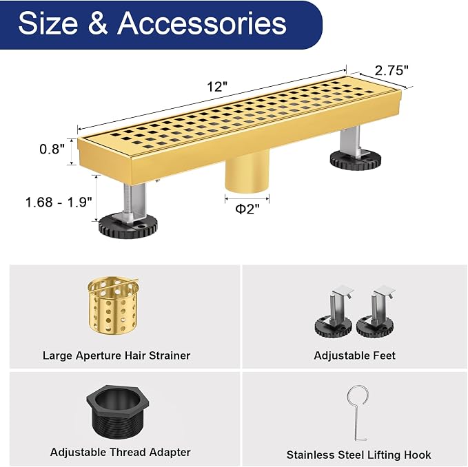 Linear Shower Drain | 12 Inch AISI 304 Stainless Steel Shower Drain, Brushed Gold Linear Drain with Removable Quadrato Grate Cover & Adjustable Feet, Rectangle Floor Drain, in Bathroom Balcony etc