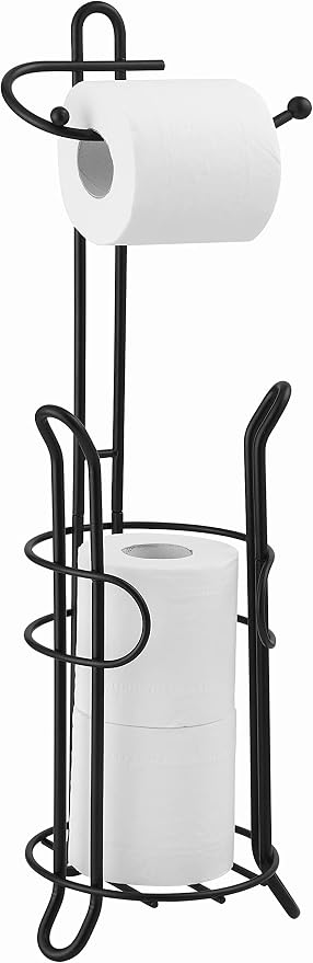 SunnyPoint Freestanding Toilet Paper Holder with Storage – Holds 3 Spare Rolls, Heavy-Duty Steel, Black Finish, Easy Assembly, Space-Saving Bathroom Organizer