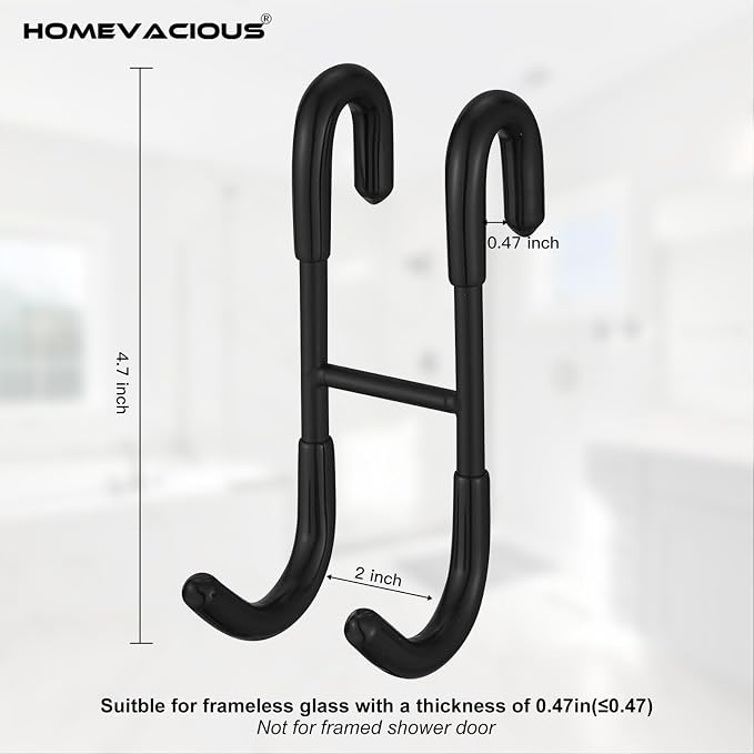 Homevacious 2 Pack Shower Door Hooks Towel Hooks for Bathroom Frameless Glass Shower Door SUS 304 Stainless Steel Drilling-Free Hanger Shower Hooks- Matte Black