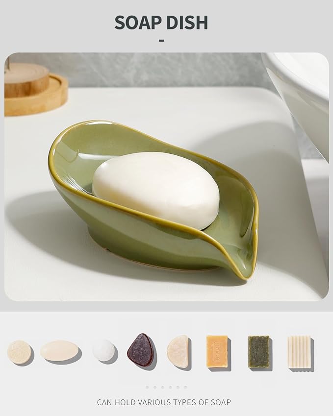 Soap Holder, Self-Draining Soap Dish, Leaf Shape Ceramic Bar Soap Holder Drain Soap Dishes for Bathroom Sink Kitchen, Easy to Clean Keeps Soap Dry, Olive Green, ANTIS'S HOME