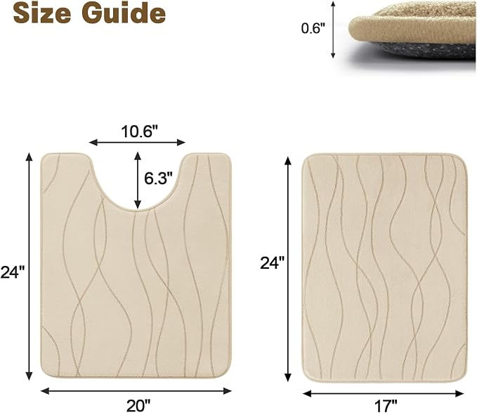 Bathroom Rugs Set 2 Piece, Memory Foam Bath Mat Khaki | U Shaped+Small Mat, Ultra Soft, Absorbent, Non-Slip, Machine Washable, for Bathroom, Sink and Toilet