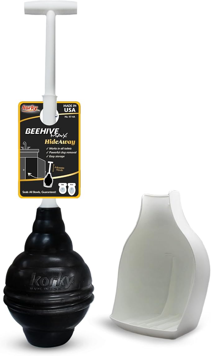 Korky BeehiveMAX Hideaway - Heavy Duty Toilet Plunger with Holder - Drip Free Carry - Seals All Bowl Shapes – Powerful Clog Removal, 97-5