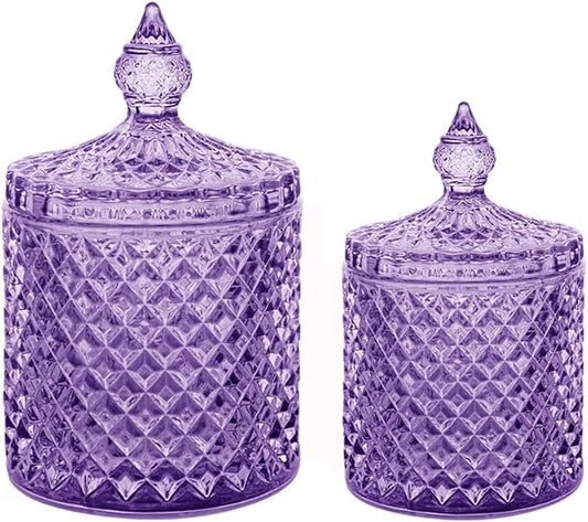 2 Pack Glass Qtip Holder, Apothecary Jars with Lids Bathroom Storage | Purple (10+24oz), Storage for Cotton Swabs, Balls, Pads, Floss Pick, Makeup, Candy & Jewelry, Vanity Organizer for Bathroom