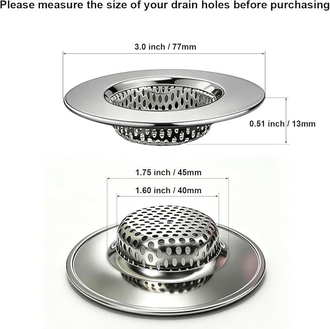 Seatery Bathtub Drain Strainers, Tub Drain Hair Catcher, Stainless Steel Bath Drain Cover Basket, Outer Diameter 3.0 inch/7.7cm, Inner Diameter 1.60 inch/4.0cm, Pack of 2