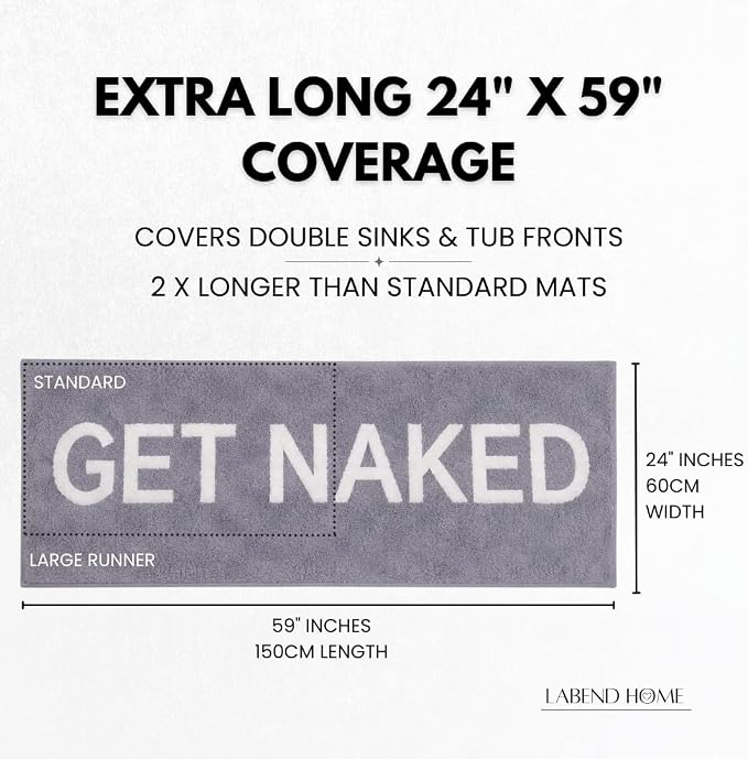 LABEND HOME Get Naked Bath Mat Runner 59"" x24 - Funny Bathroom Rug, Plush Microfiber Non-Slip TPR Backing, Machine Washable Quick-Dry Bath Decor - Grey