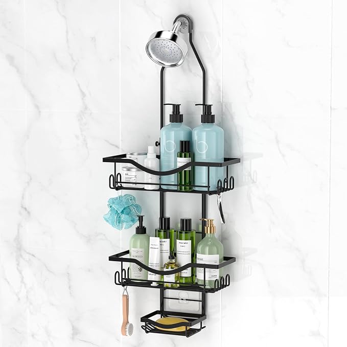 REINHARDT Adjustable Shower Caddy Hanging Rustproof Shower Organizer, Black | Extra Long, No Drilling, Anti-Slip, Shower Caddy Over Showerhead, Fast Draining, Soap Holder, 12 Hooks, Bathroom Accessories