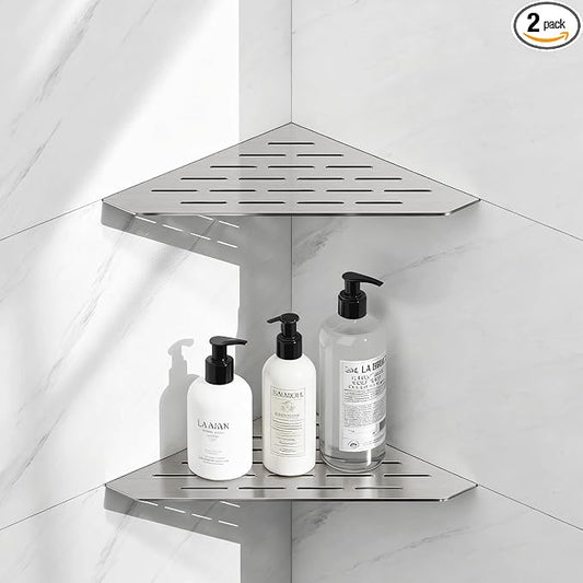 10" Corner Shower Shelf, Recessed Corner Shelves, 304 Stainless Steel Slot Design Bathroom Shower Shelves for Tiled Wall, 2 Pack, Brushed Nickel