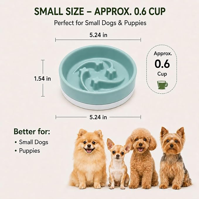 Ceramic Slow Feeder Dog Bowl, 0.6 Cup, Light Green Bowl&White Base | Shooting Star maze puzzle feeder with removable non-slip base; puppy bowl and cat slow feeder for daily dry or wet food