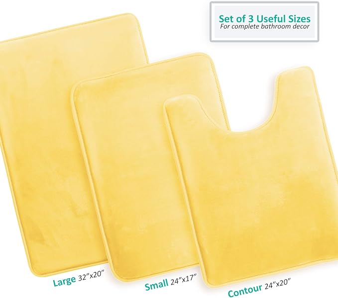 Clara Clark 3 Piece Bathroom Rugs Bath Mat Set, Velvet Memory Foam Bath Mats for Bathroom - Non-Slip, PVC Backing Bath Rugs, Washable - Dries Quickly, Yellow
