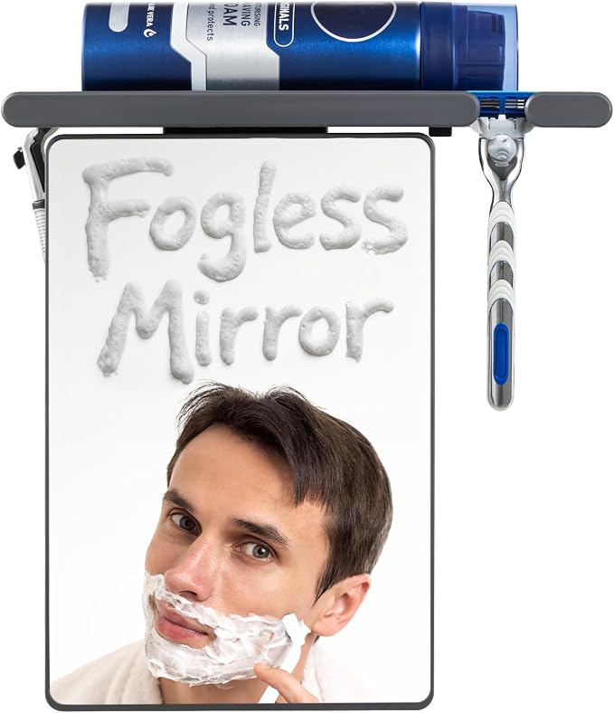 TAILI Shower Mirror Fogless for Shaving,Fogless Mirror for Shower with Tray | Shaving Mirror with Razor Holder, Anti Fog No Drill, Removable, Wall Mounted Bathroom Accessories with Powerful Suction, Grey