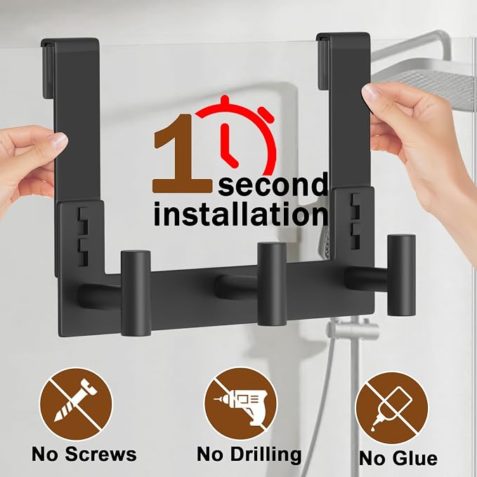 Extended Robe Door Hooks, Heavy Duty Stainless Steel Towel Hooks for Frameless Glass Shower Doors, Towel Hanger Rack, Shower Hooks for Bathroom (Black-3 Hooks, 1 Pack)