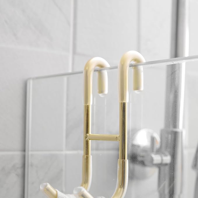 Homevacious Shower Door Hooks, 4 Pack Over Shower Glass Door Hook,SUS 304 Stainless Steel Rack Hooks, Frameless Bathroom Hanger Drilling-Free, Glue-Free Towel Hooks,Brushed Gold