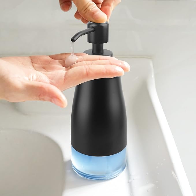 AUMIO Dish Soap Dispenser with Stickers, 2 Pack Kitchen Dish Refillable Liquid Dispensers, Stainless Steel Case Glass Liner Soap Dispenser for Bathroom Kitchen, Matte Black (10 OZ./ 300ML)