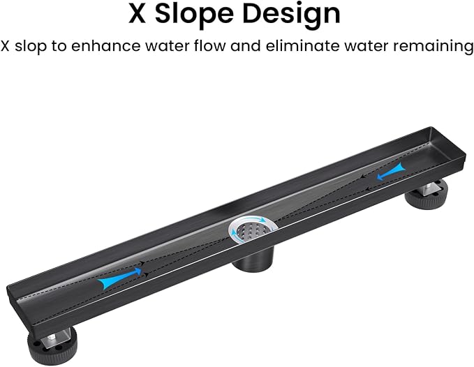 EXF Linear Shower Drain 24 Inch Brushed Shiny Black with Tileable Grate, Stainless Steel Rectangle Shower Floor Drain with Hair Catcher, Adjustable Feet