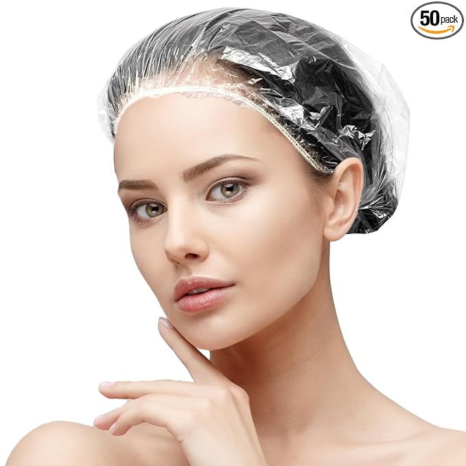 50PCS Disposable Shower Caps, Plastic Clear Thickening Bath Hair Cap and Waterproof Hair Caps for Women Men Kids Hair Treatment, Spa, Hotel and Hair Solon, Home Use, Portable Travel (Size 52CM)