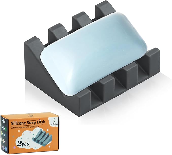 Self Draining Silicone Soap Dish Holder Waterfall Tray, 1 Pack Grey | Waterfall design drains fast to keep soap dry, non-slip silicone base anti slide, soap saver for bathroom & kitchen