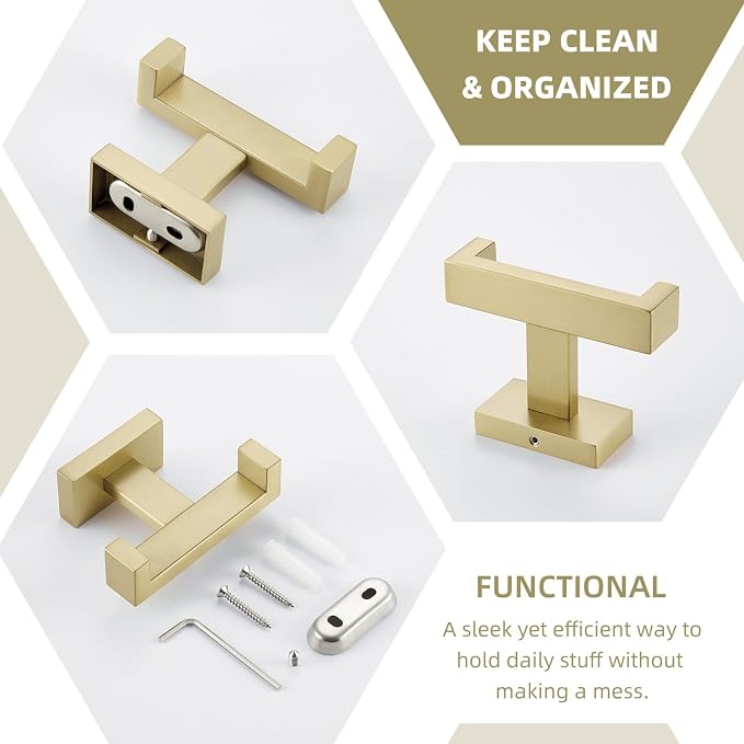 Angle Simple Towel Hook Brushed Gold, SUS304 Stainless Steel Double Robe Coat Hook, Hand Towel Holder Bathroom Wall Mount