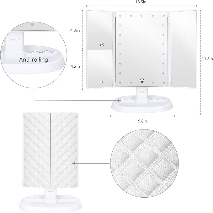 deweisn Trifold Lighted Vanity Makeup Mirror with 21 LEDs Lights,1x/2x/3x Magnification and Touch Screen Dimming,Two Power Supplies Makeup Mirror, Gift for Women