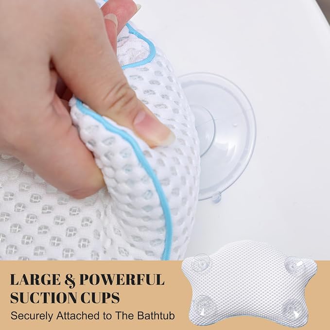 Non Slip Bath Pillow, Luxury Spa Bathtub Head & Neck Rest Support, Permeable Quick Drying Air Mesh Tub Pillow with 4 Large Suction Cups, Fits Any Tubs, Soft and Relaxing (White)