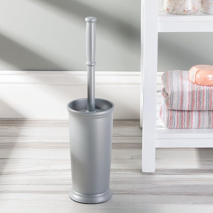 mDesign Compact Freestanding Plastic Toilet Bowl Brush and Holder for Bathroom Storage and Organization - Space Saving, Sturdy, Deep Cleaning, Covered Brush - Silver