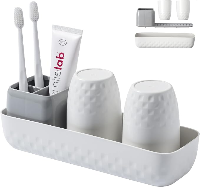 Vowupt Toothbrush Holder for Bathrooms, Toothbrush Organizer Countertop for Toothbrush Storage, Toothbrush and Toothpaste Holders Set with 3 Slots, Tooth Brushing Cup Caddy for Family-White