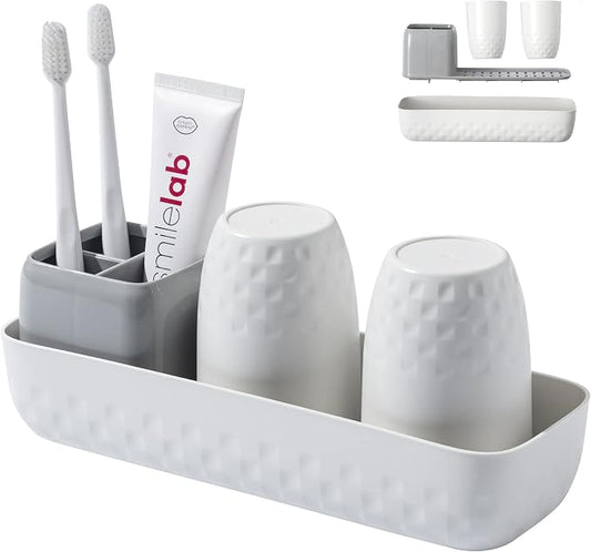 Vowupt Toothbrush Holder for Bathrooms, Toothbrush Organizer Countertop for Toothbrush Storage, Toothbrush and Toothpaste Holders Set with 3 Slots, Tooth Brushing Cup Caddy for Family-White