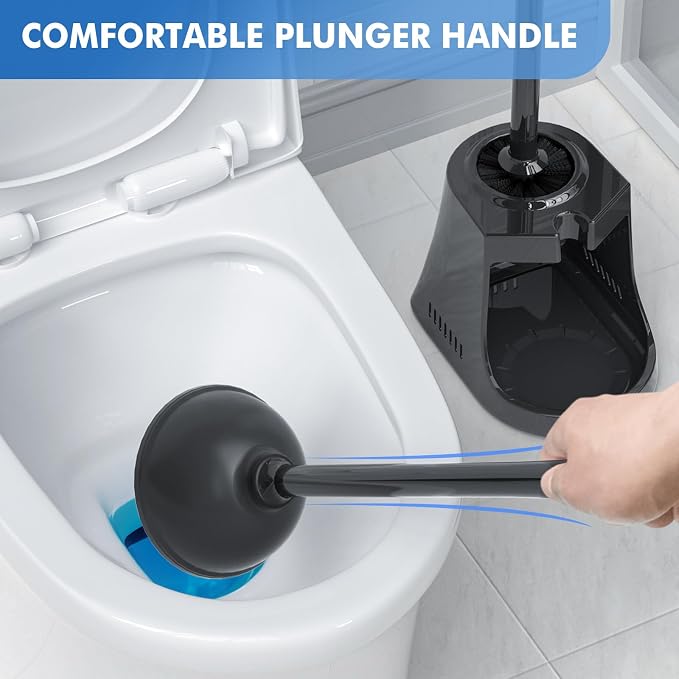 LOVLOY Toilet Plunger and Brush, Bowl Brush and Heavy Duty Toilet Plunger Set with Ventilated Holder, 2-in-1 Toilet Brush and Plunger Combo for Bathroom Cleaning (2, Black)