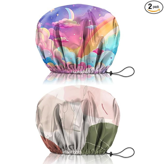 2 PCS Shower Cap Reusable Waterproof Double Layers Hair Caps Shower Bath Adjustable Elastic Hat for Women Girls Cute Aesthetic-Pink Cloud