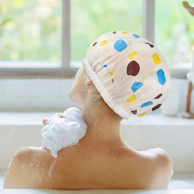 6 Pcs Shower Caps, Waterproof Bath Caps Plastic Reusable Shower Caps Elastic Band Bath Hair Caps for Women Kids | PE material, 10.6 in, elastic fit, travel-friendly, for women, kids, bathing, makeup, hair care, cooking