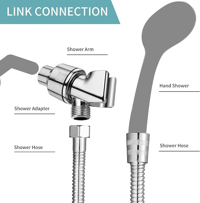 Chrome Shower Head Holder & Mount, Stainless Steel Hose, Handheld Shower Arm, Flexible Showerhead Replacement