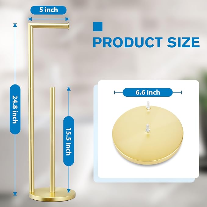 Toilet Paper Holder Stand, Gold Toilet Paper Holder Free Standing | Toilet Paper Holder for 4 Rolls, Bathroom Organizers and Storage with Anti-Slip Base and Rustproof