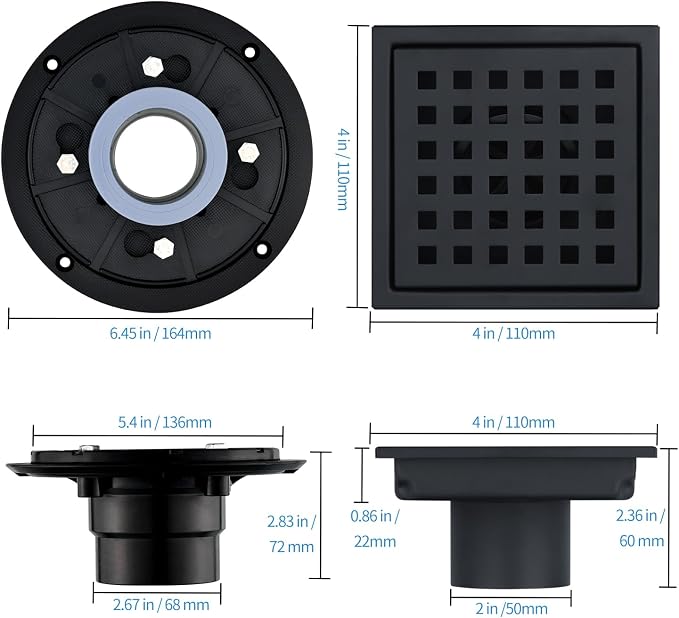 Square Shower Drain 4-Inch with ABS Flange, Matte Black, Removable Grille,Bathroom Stainless Steel Shower Floor Drain