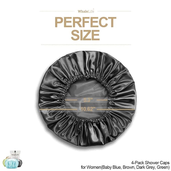 Shower Caps Satin Lined Waterproof for Women Men 4Pc Bright Mixed Colors | Double Layer 100 Percent Dry Jumbo Oversized Fits Thick Hair Smooth Lining Prevents Hair Frizz Snug Elastic Band No Pressure