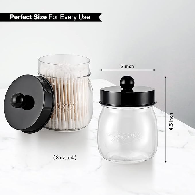 SheeChung 4 Pack Acrylic Mason Jar Qtip Holder Dispenser with Labels, Black | Small Plastic Apothecary Jars,Vanity Canisters for Cotton Swabs,Balls,Floss Picks,Bathroom Storage Organizers,Farmhouse Decor