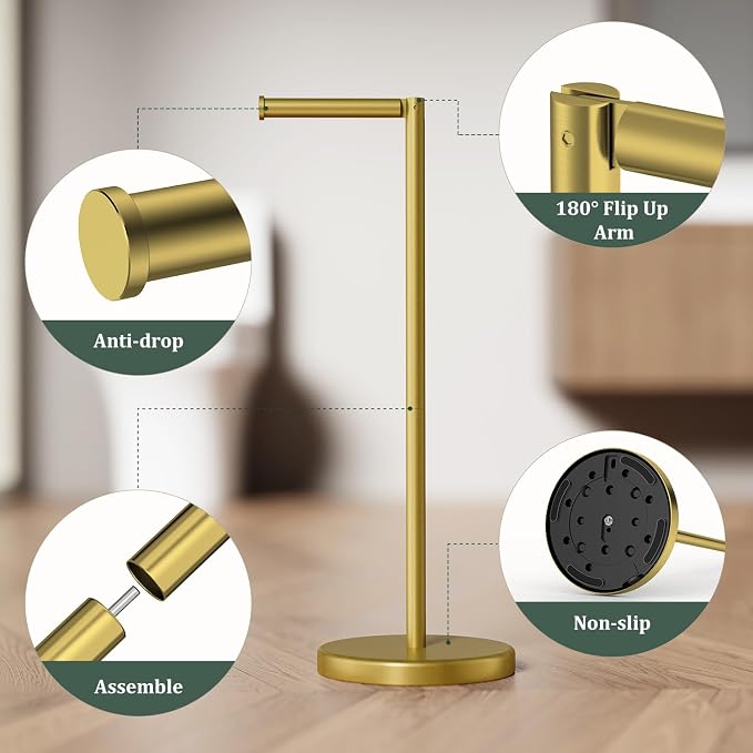 Brushed Gold Toilet Paper Holder Stand Free Standing Tissue Roll Holder | Freestanding Toilet Paper Stand Storage for Bathroom 304 Stainless Steel Rustproof for 4 Rolls(Fits All Rolls) by Evolvegoods