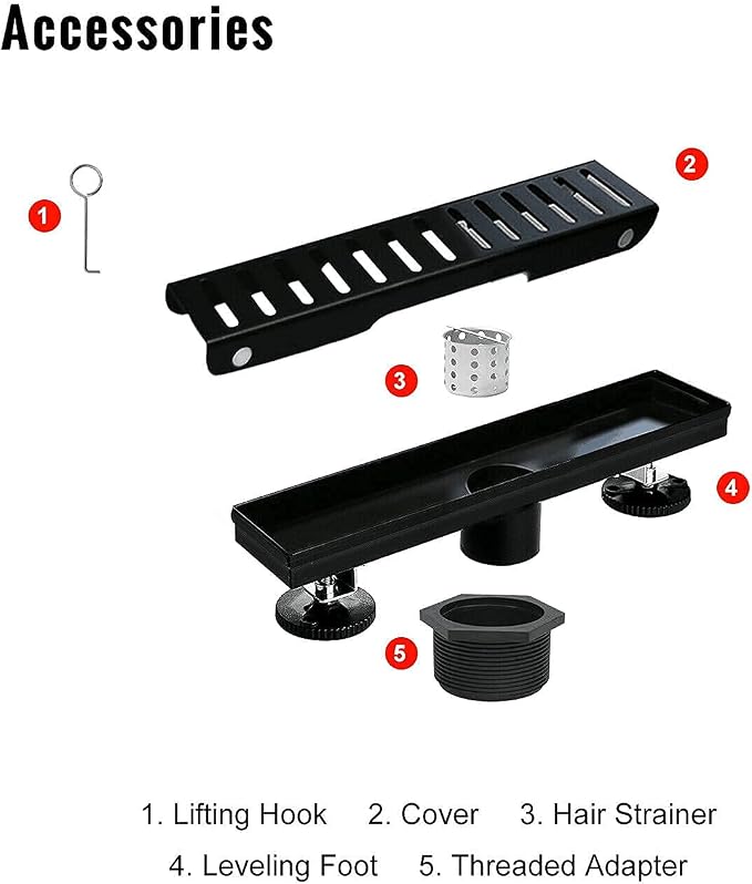 36 Inch Linear Shower Drain, Brushed SUS 304 Stainless Steel,Black | Capsule Drain with Removable Capsule Cover, Linear Drain with Hair Strainer and Adjustable Feet,Bathroom Shower Renovation