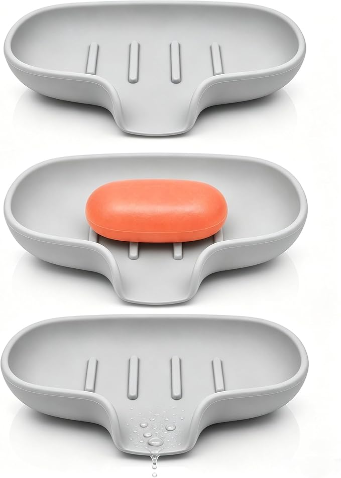 3 Pack Soap Bar Holder, AIMAIAIMAI Self Draining Soap Dish, Quick Drainage, Soap Dishes for Bathroom, Shower, Silicone Soap Tray for Kitchen, BPA-Free, Dishwasher Safe (Gray)