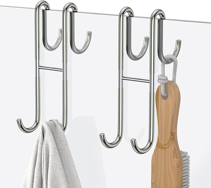 Over Shower Glass Door Hook, 2 Pack Silver 304 Stainless Steel Extended Shower Door Hooks, Bathroom Frameless Drilling-Free Hanger, Double Side Towel Hooks, for Bathing Suits, Robe, Loofah, Shaver