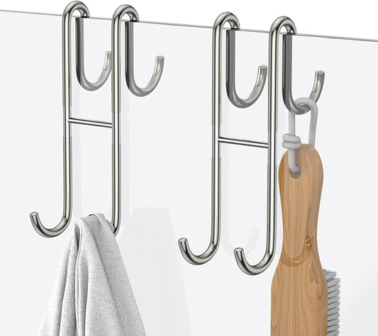 Over Shower Glass Door Hook, 2 Pack Silver 304 Stainless Steel Extended Shower Door Hooks, Bathroom Frameless Drilling-Free Hanger, Double Side Towel Hooks, for Bathing Suits, Robe, Loofah, Shaver